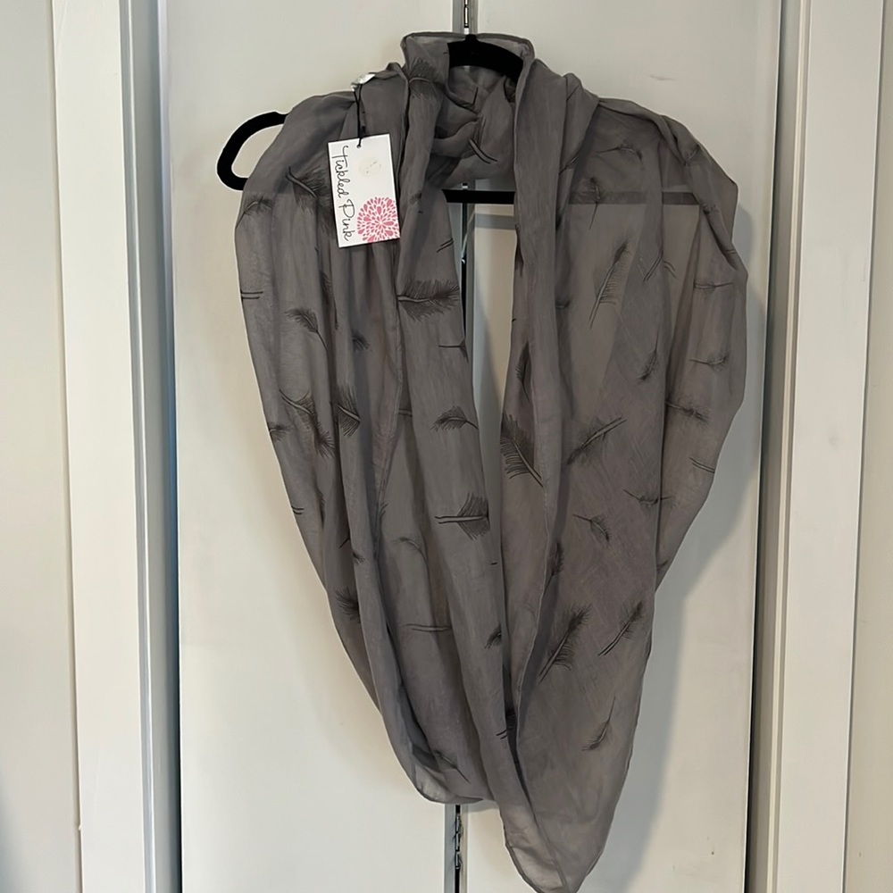 Grey infinity scarf with feather design from Tickled Pink